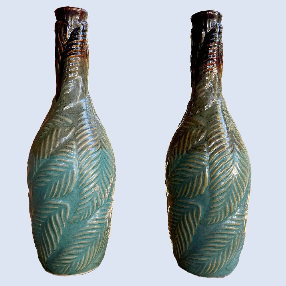 Two Gorgeous Blue-Green Vases with Embossed Leaves